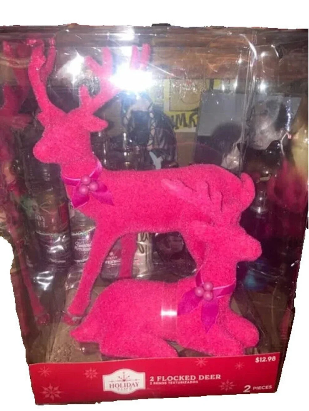 HOLIDAY TIME FLOCKED CHRISTMAS DEER FIGURES SET OF 2 - PINK - NEW IN BOX
